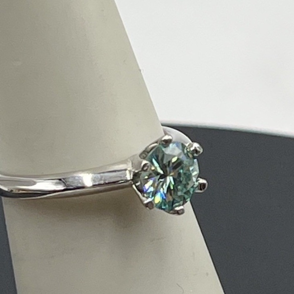 Blue Green Moissanite 1‎ Ct Solitaire Engagement Ring Sterling Adjustable Sz 7.5